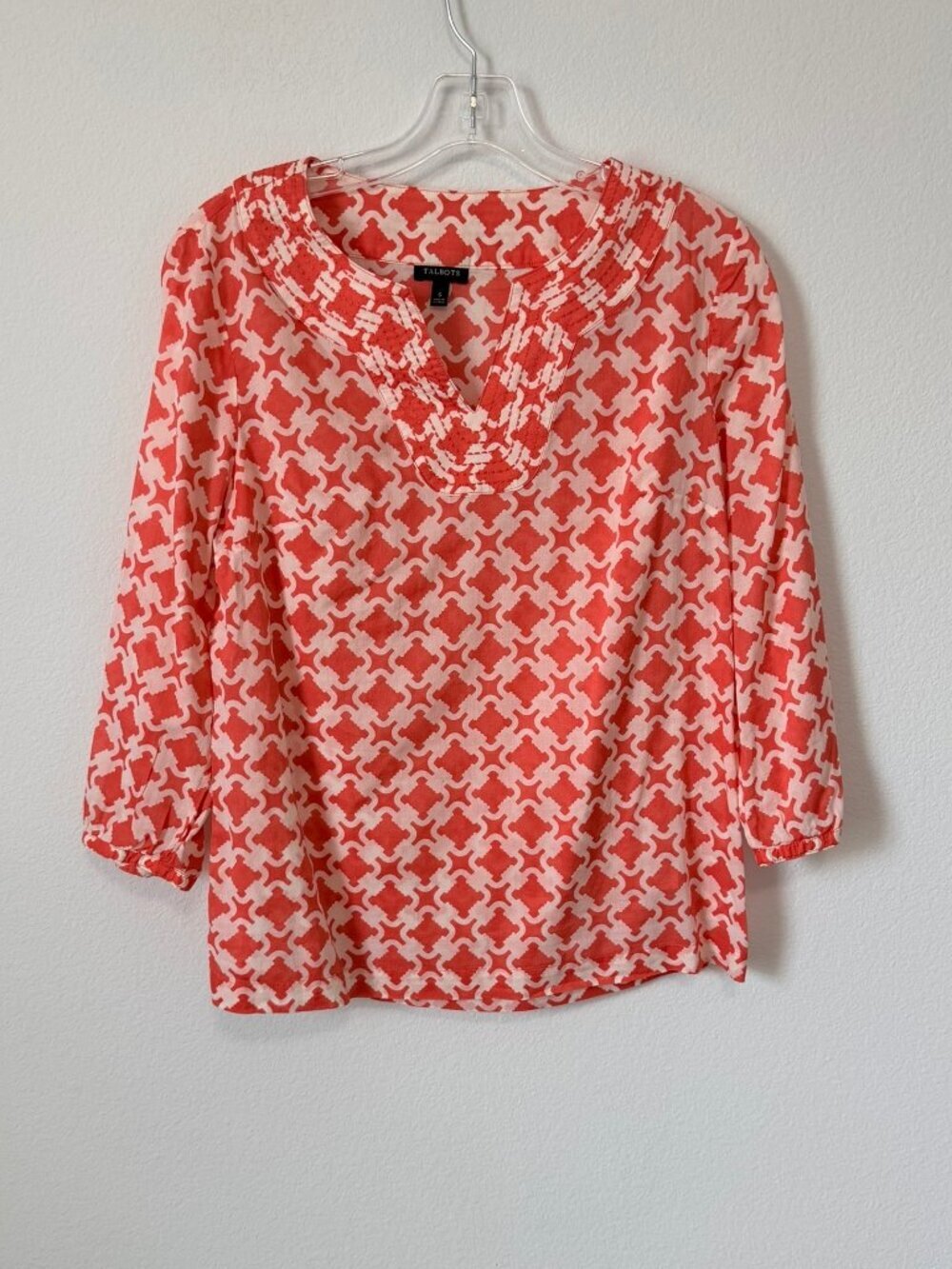 Talbots 3/4 Sleeve V-Neck Orange/White Geo 100% Cotton Blouse Women's Size S